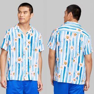 Small - Mens Short Sleeve Collared Button-Down Shirt - Floral Blue Striped